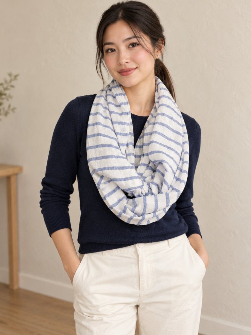 Joules Clothing Light Blue White Striped Infinity Scarf Cotton